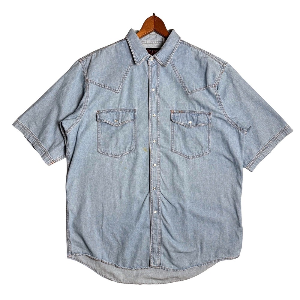 Plains Western Wear Mens Light Wash Denim Short Sleeve‎ Pearl Snap Shirt Size L